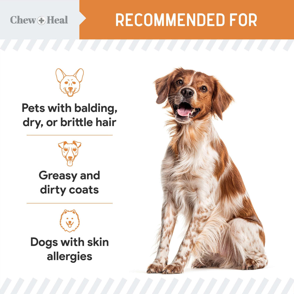 Chew + Heal Labs dog shedding support omega-3 capsules.