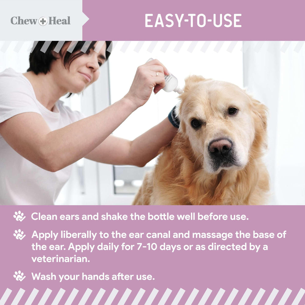 Chew Heal Labs ear cleanser graphic features chlorhexidine for topical antiseptic benefits.