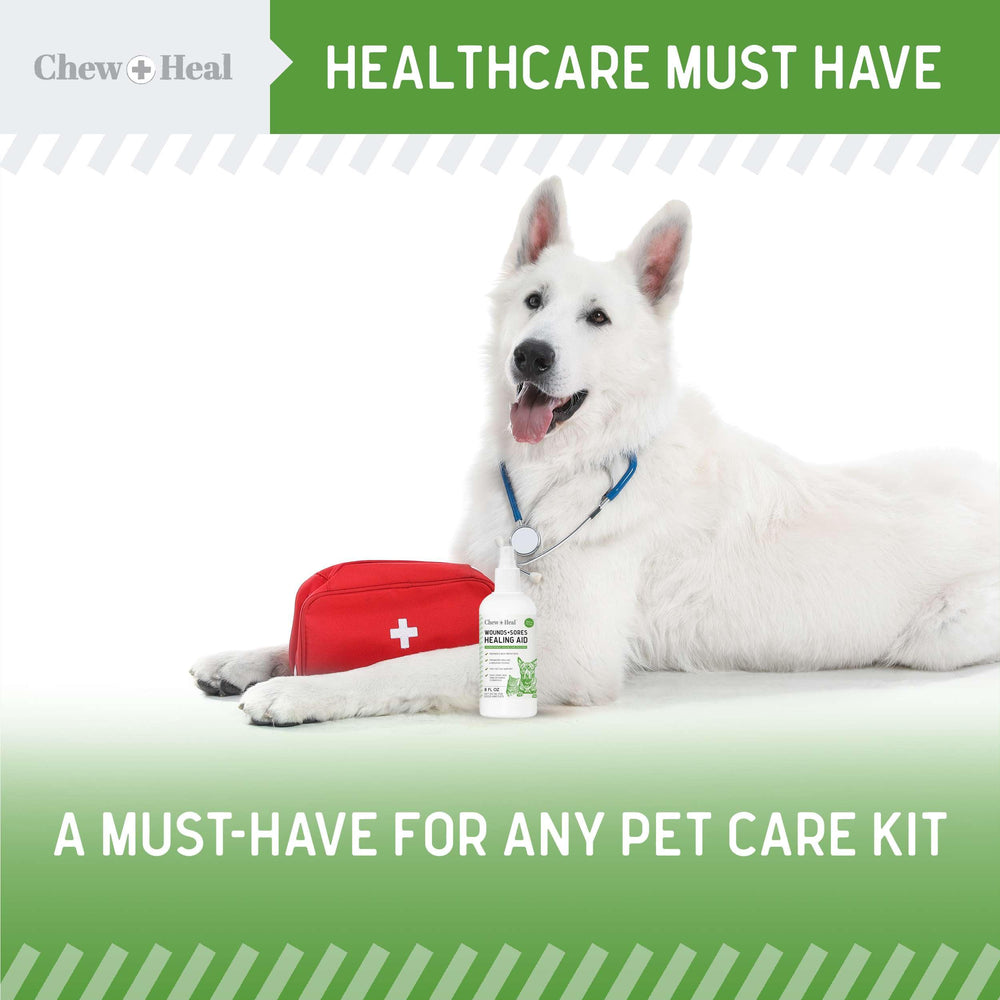 Chew + Heal Labs HOCl wound spray supports easy care in a dog first-aid context.