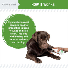 Chew + Heal Labs HOCl solution label emphasizes non-toxic, chemical-free dog first aid.