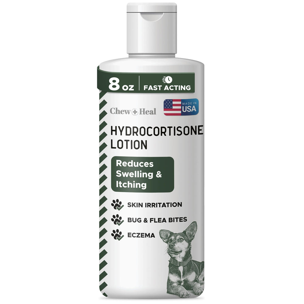 Chew + Heal Labs hydrocortisone lotion for dogs applied to irritated patch for itch relief.