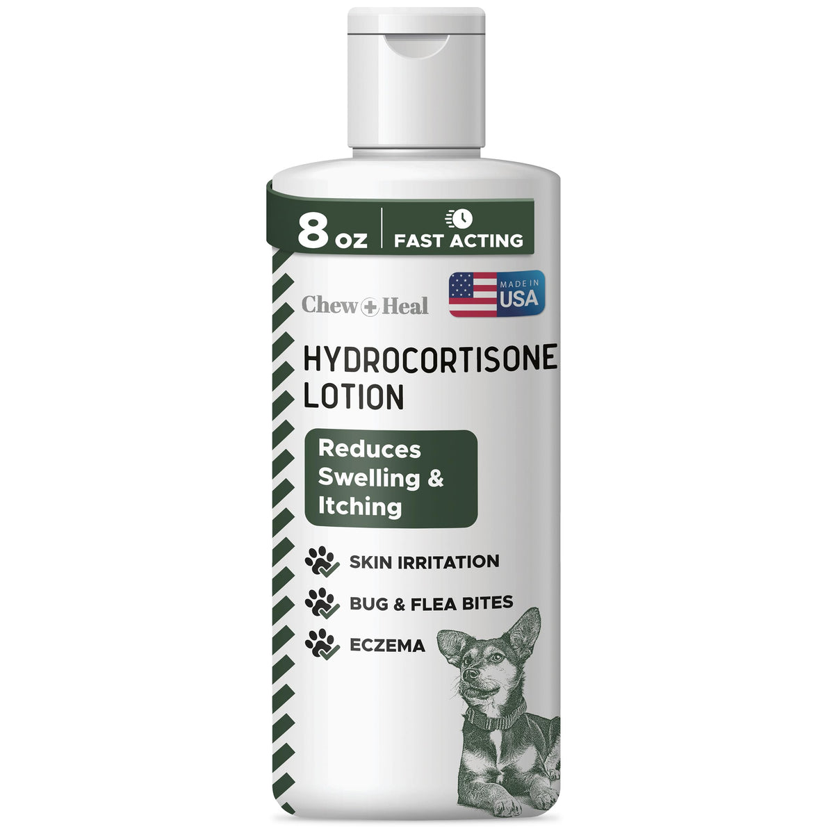 Chew + Heal Labs hydrocortisone lotion for dogs applied to irritated patch for itch relief.