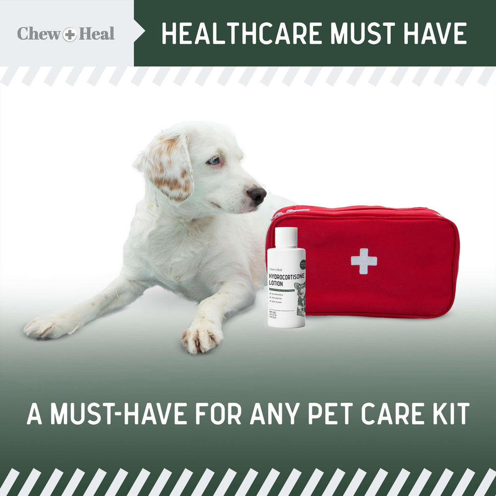 Chew + Heal Labs hydrocortisone lotion during grooming for comfort.