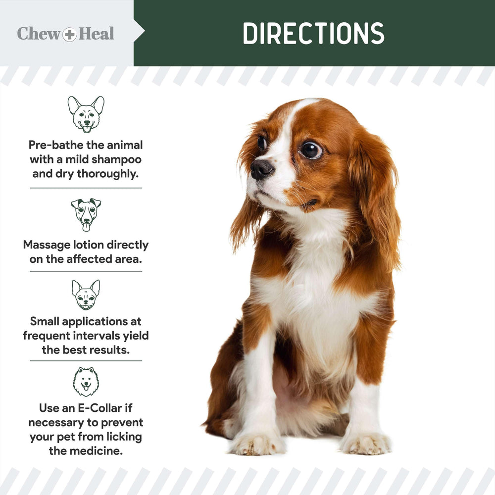 Chew + Heal Labs hydrocortisone lotion Made in USA label on packaging.