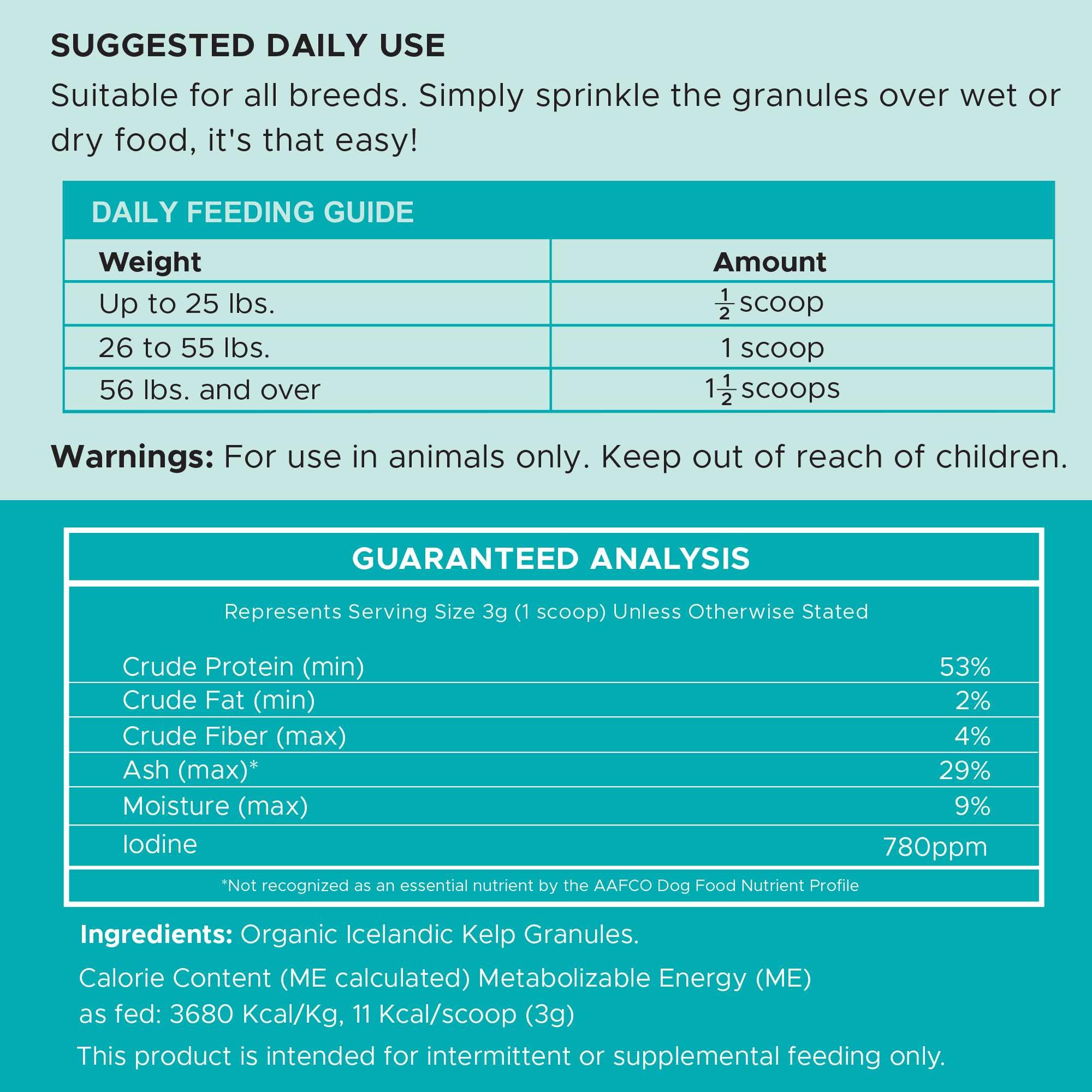 Chew + Heal Labs kelp powder tub open reveals natural granules for skin and coat health.