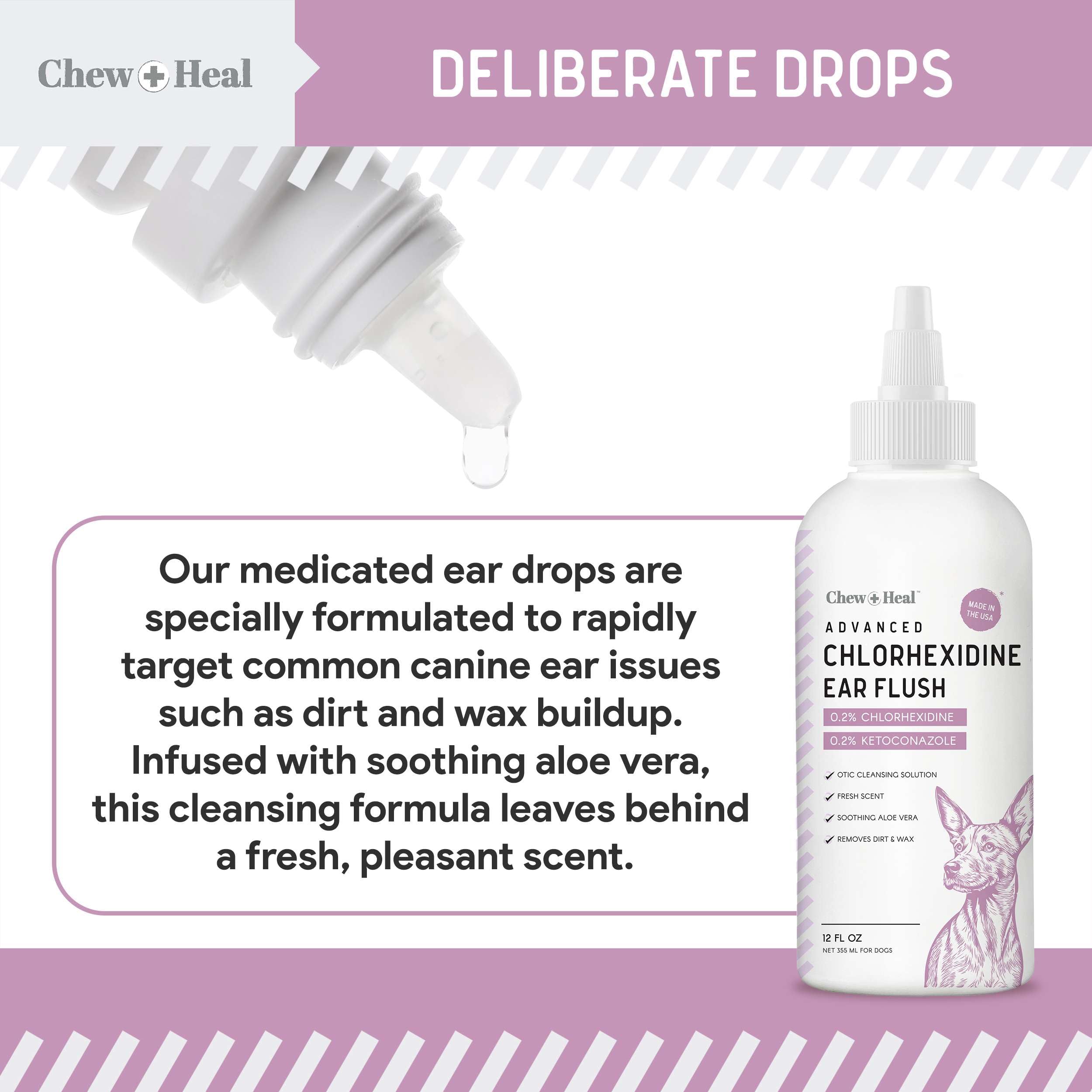 Chew Heal Labs ketoconazole ear care product highlights antifungal and debris control.