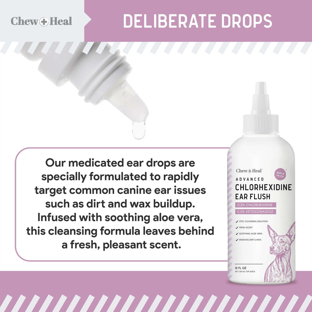 Chew Heal Labs ketoconazole ear care product highlights antifungal and debris control.
