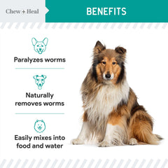 Chew + Heal Labs mix-into-food usage shows easy administration for pets.