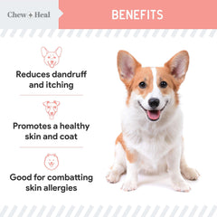 Chew + Heal Labs omega-3-6-epa-dha for dogs supports healthy skin and coat.