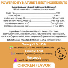 Chew + Heal Labs Omega ingredients closeup highlights essential fatty acids for healthy skin.