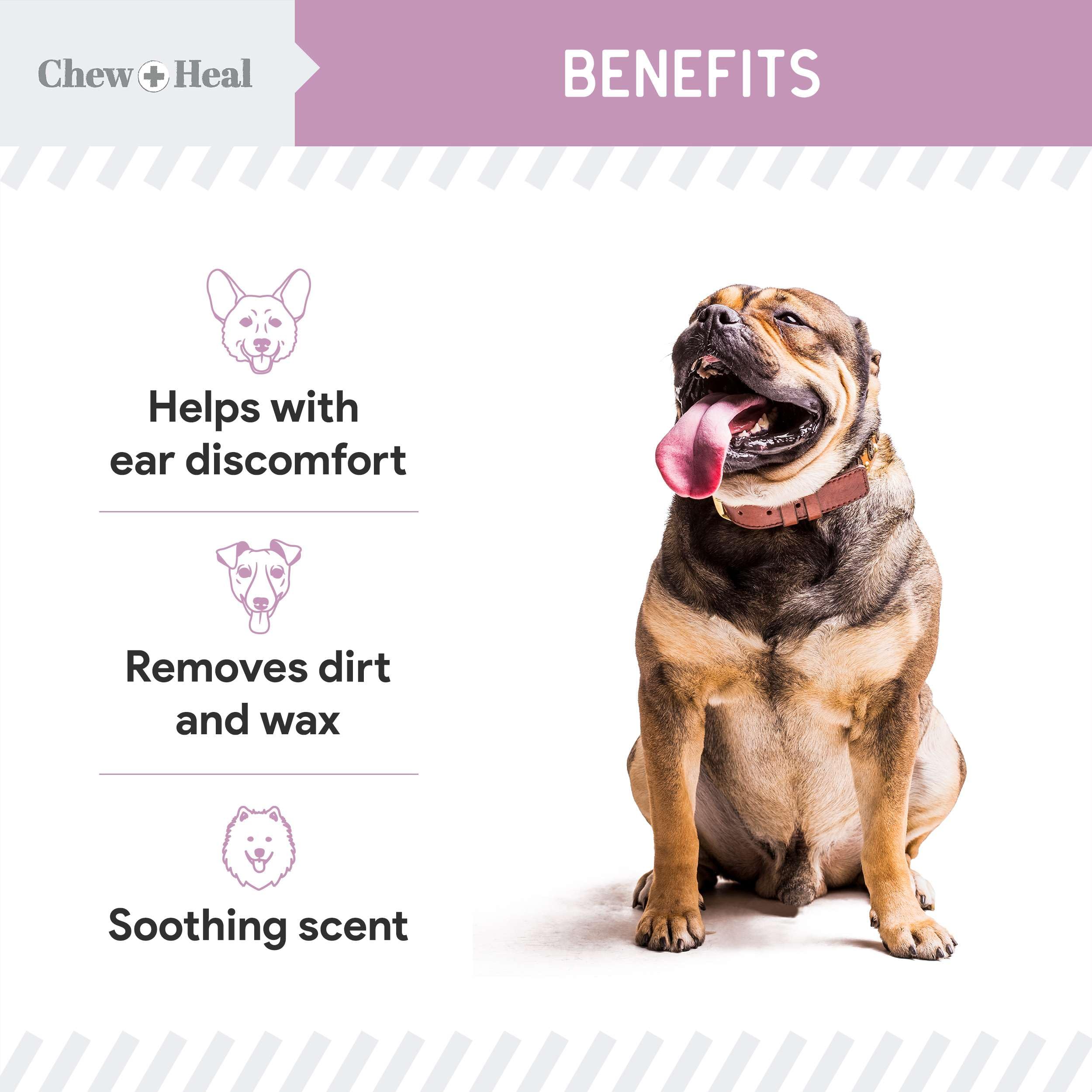 Chew Heal Labs otic ear cleaner bottle highlights treatment of dirt and wax buildup.