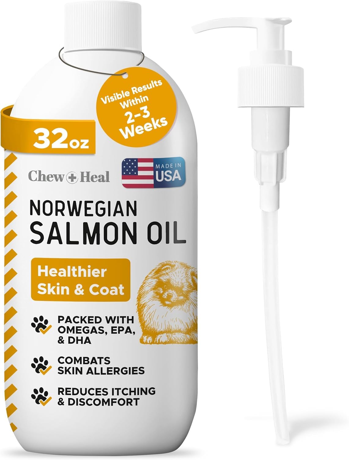 Chew + Heal Labs salmon oil bottle boosts dog's and cat's skin and coat health.