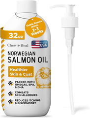 Chew + Heal Labs salmon oil bottle boosts dog's and cat's skin and coat health.