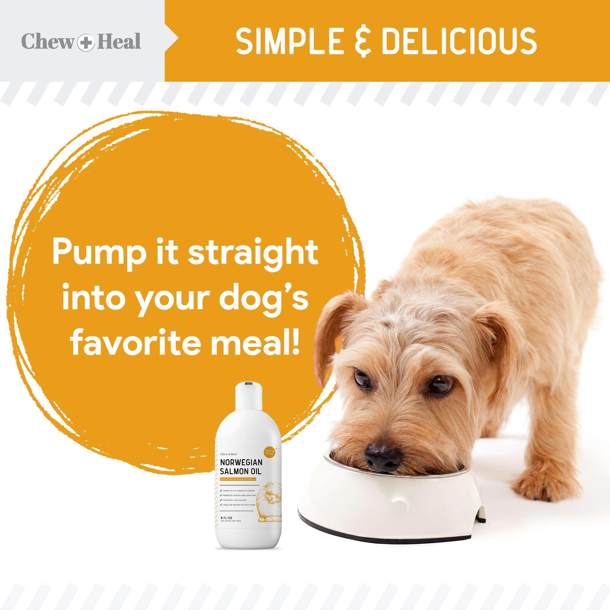 Chew + Heal Labs Salmon Oil enhances coat gloss and shine in dogs