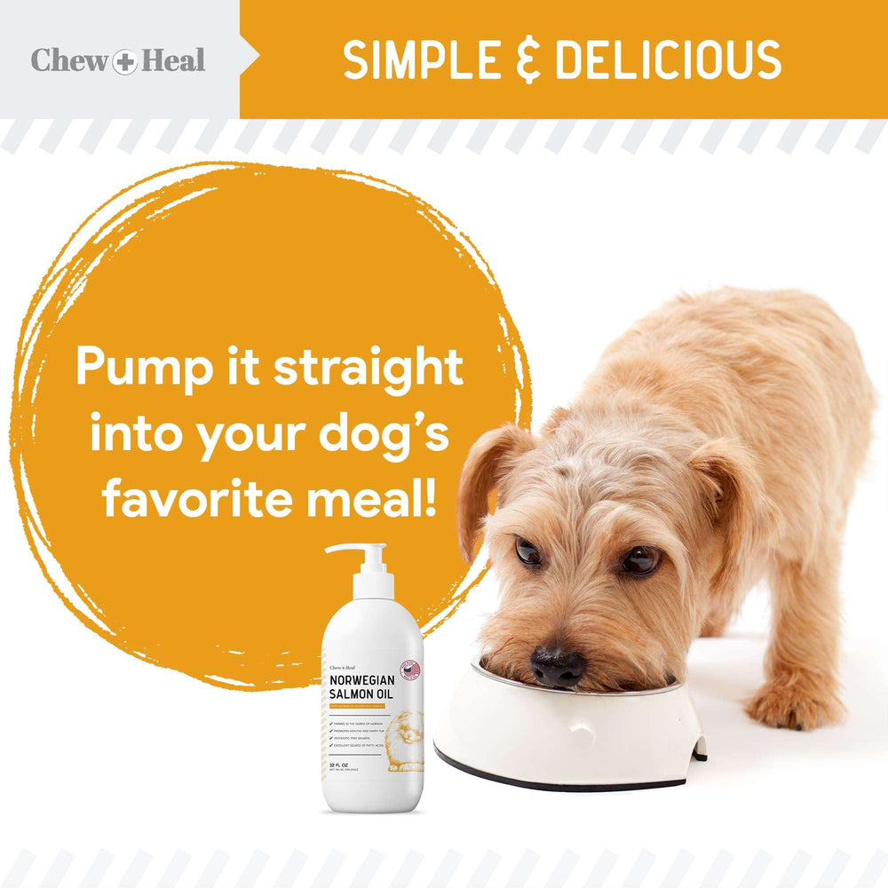 Chew + Heal Labs salmon oil being drizzled over pet food for meals.