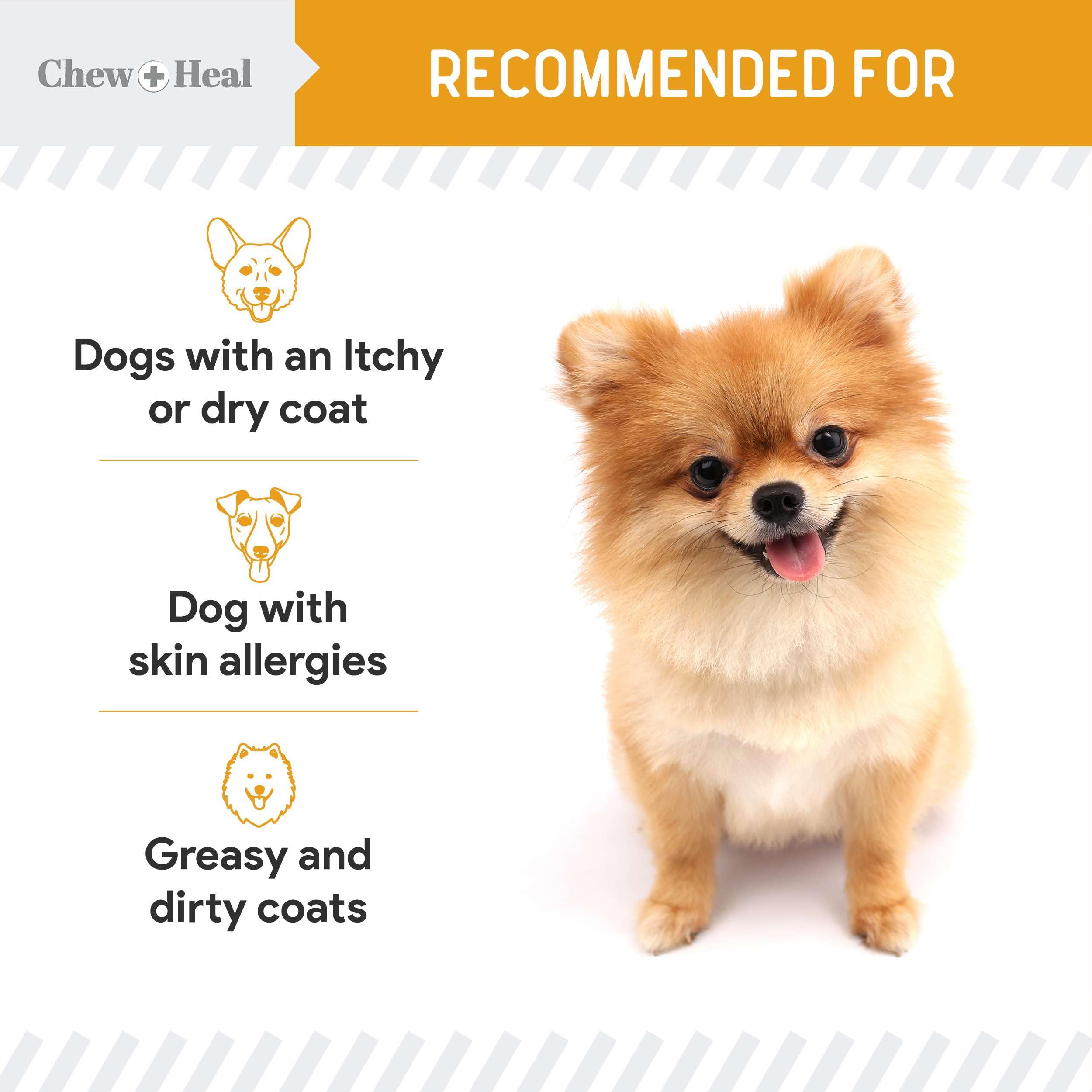 Chew + Heal Labs salmon oil USA-made badge on label.