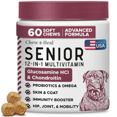 Chew Heal Labs senior dog multivitamin packaging supports easy daily dosing.