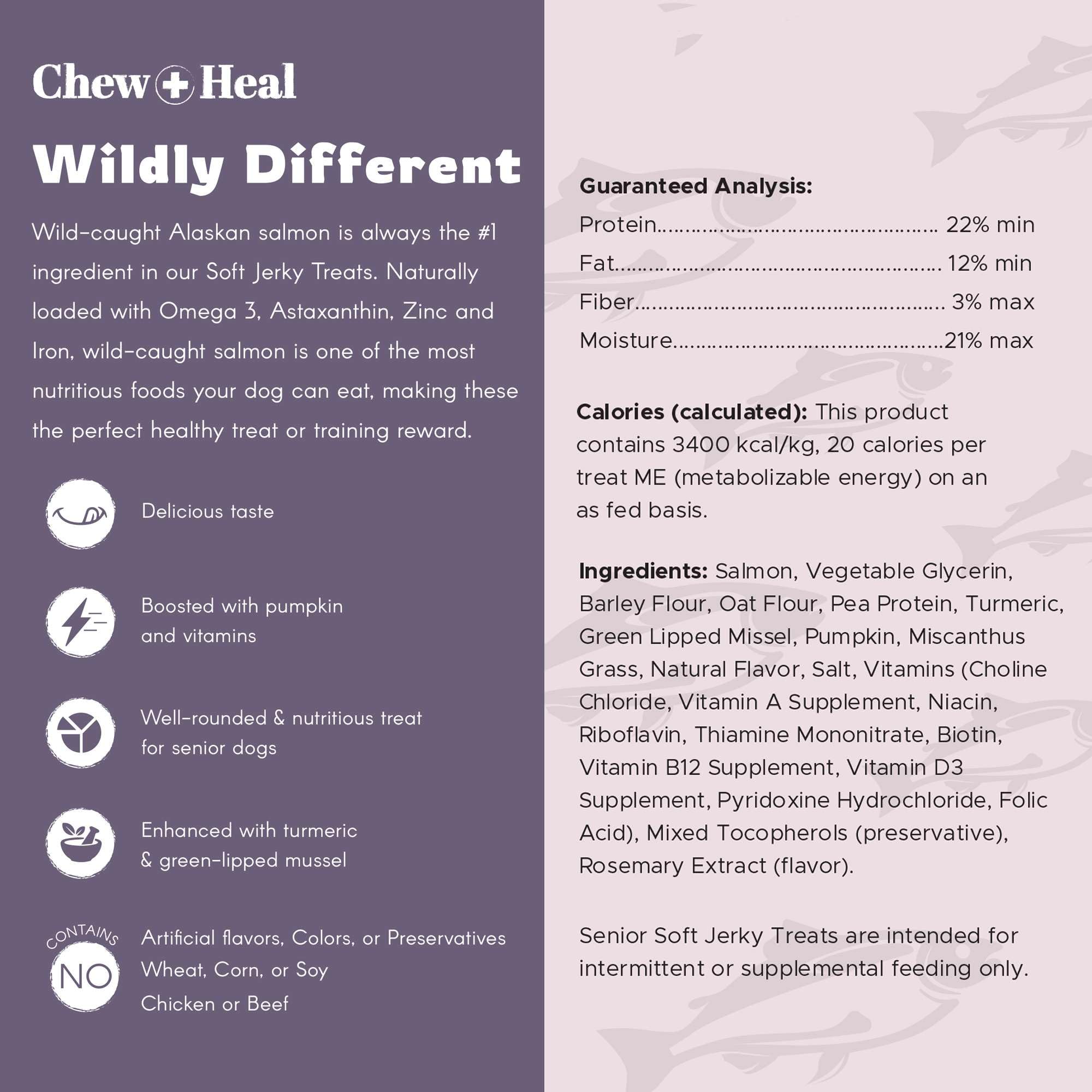 Chew + Heal Labs Senior Soft Jerky Salmon bag-open for convenient feeding