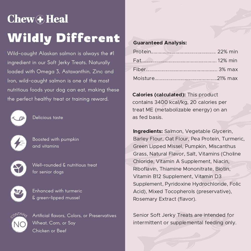 Chew + Heal Labs Senior Soft Jerky Salmon bag-open for convenient feeding
