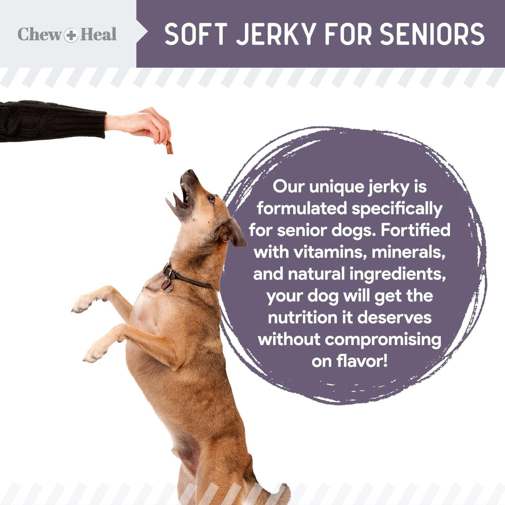 Chew + Heal Labs Senior Soft Jerky Salmon close-up showing tender strips