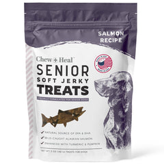 Chew + Heal Labs Senior Soft Jerky Salmon dog treats offer an easy-chew salmon snack for older dogs.