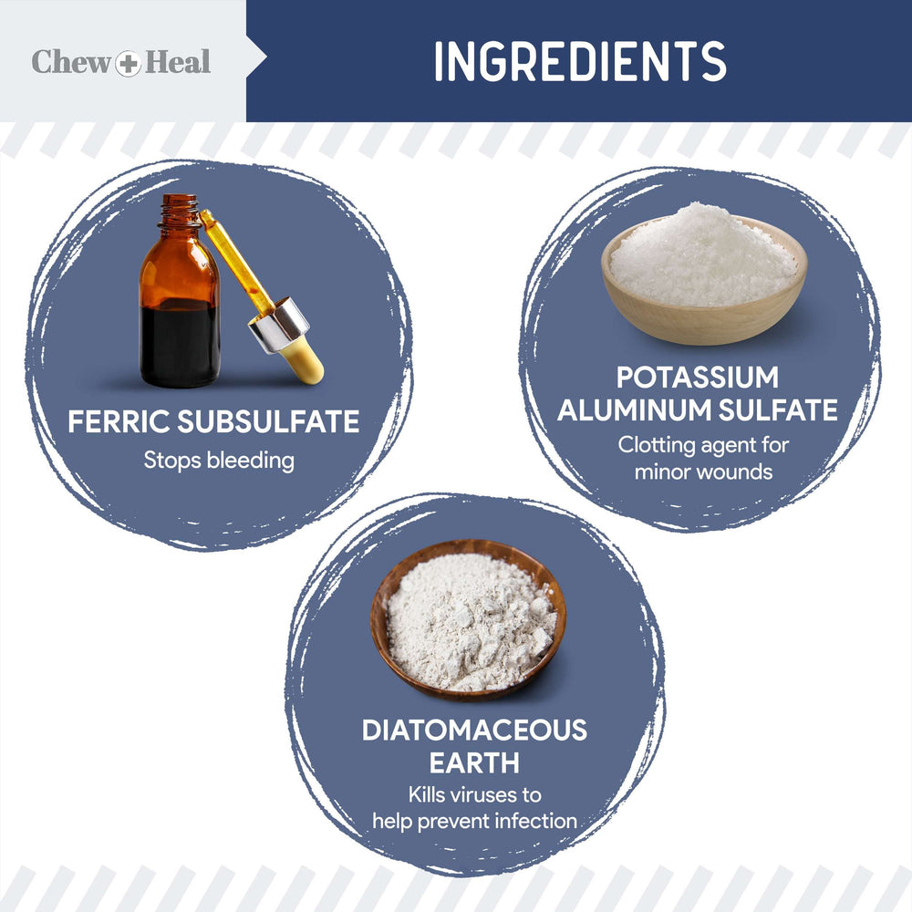Chew + Heal Labs styptic powder applied with cotton pad image shows controlled bleeding relief during use.