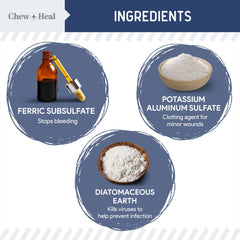 Chew + Heal Labs styptic powder applied with cotton pad image shows controlled bleeding relief during use.