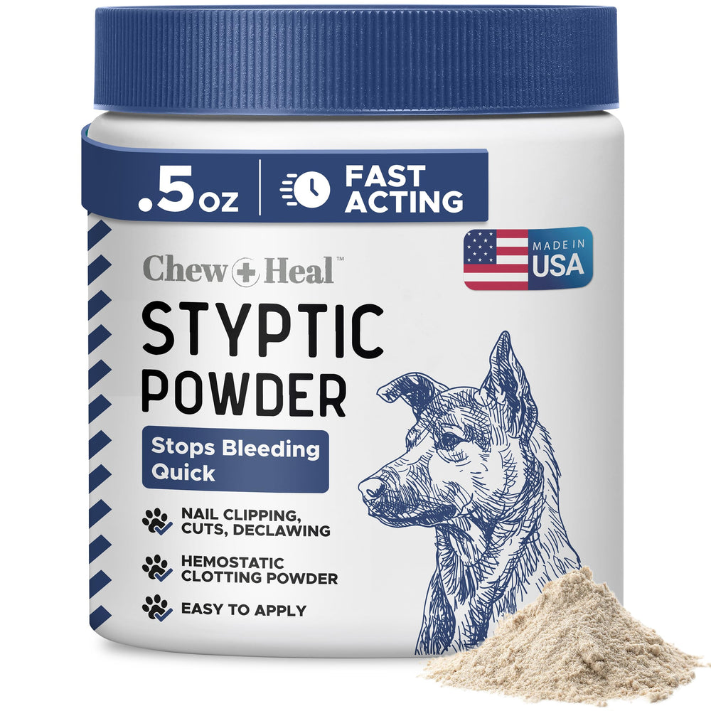 Chew + Heal Labs styptic powder on dog nails image to stop bleeding quickly during grooming.