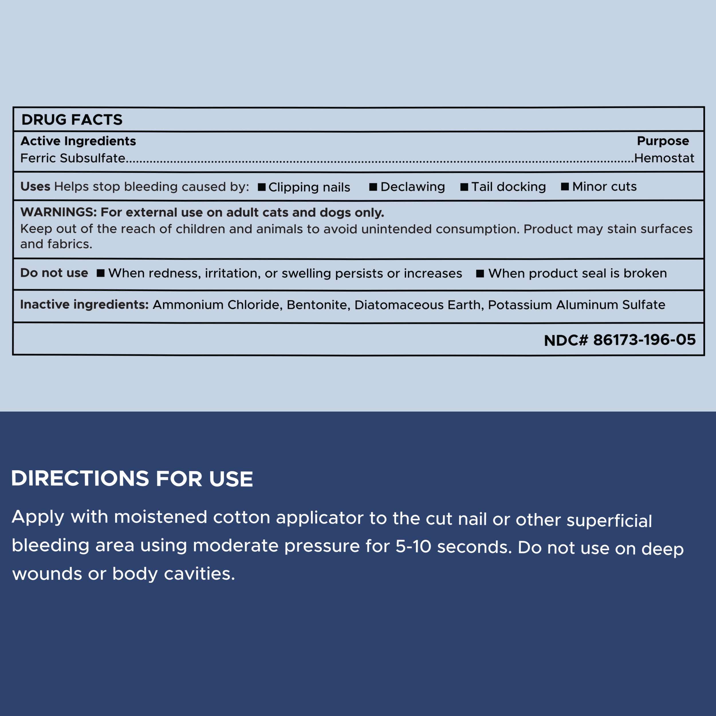 Chew + Heal Labs styptic powder easy-use image shows simple application with cotton applicator.