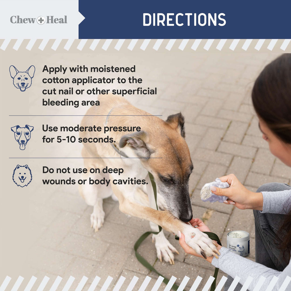 Chew + Heal Labs styptic powder fast-acting image promises swift bleeding stop and relief.