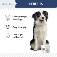 Chew + Heal Labs styptic powder packaging image highlights portable 0.5 oz bottle for on-the-go care.