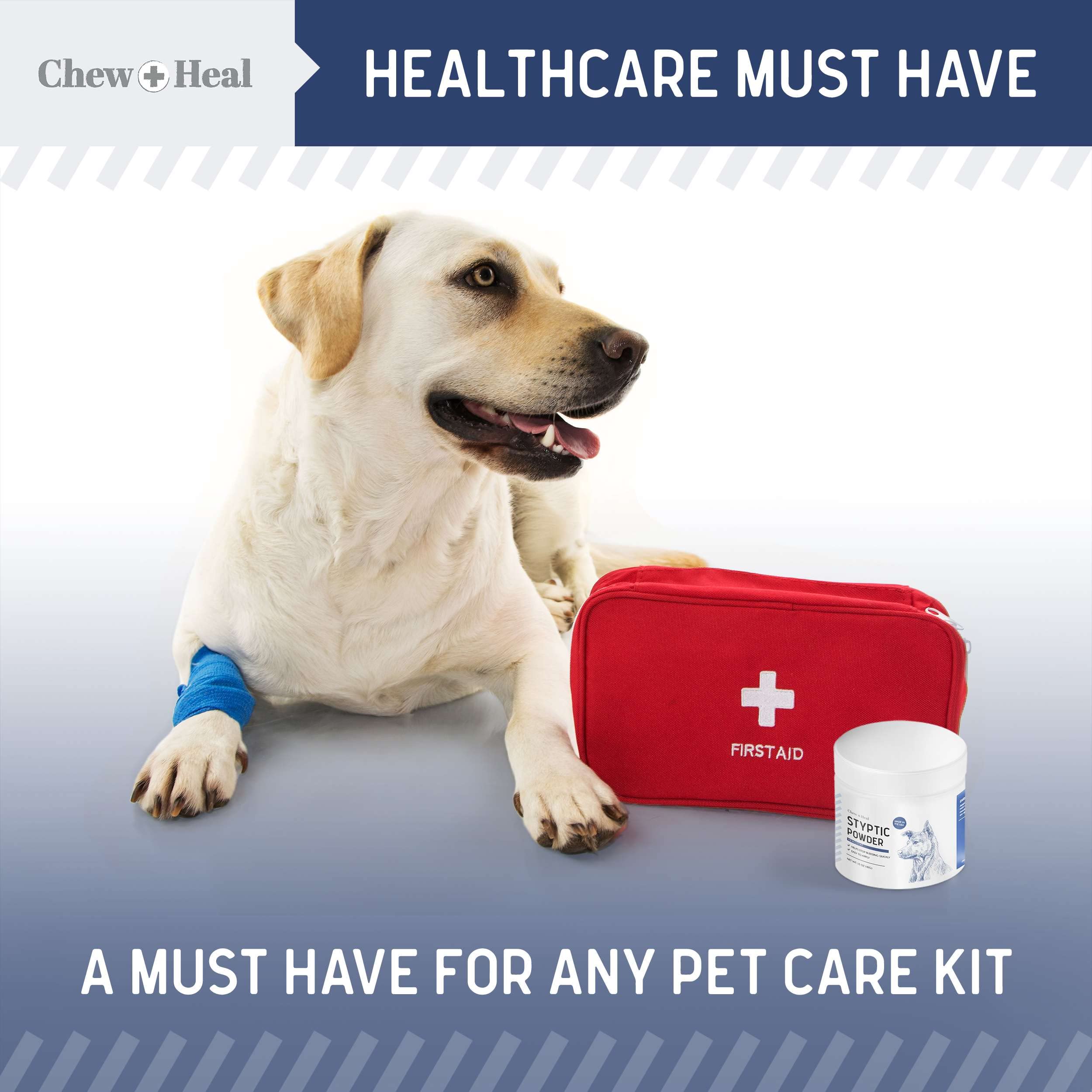 Chew + Heal Labs styptic powder for pets universal-use image suits dogs cats birds for minor wounds.