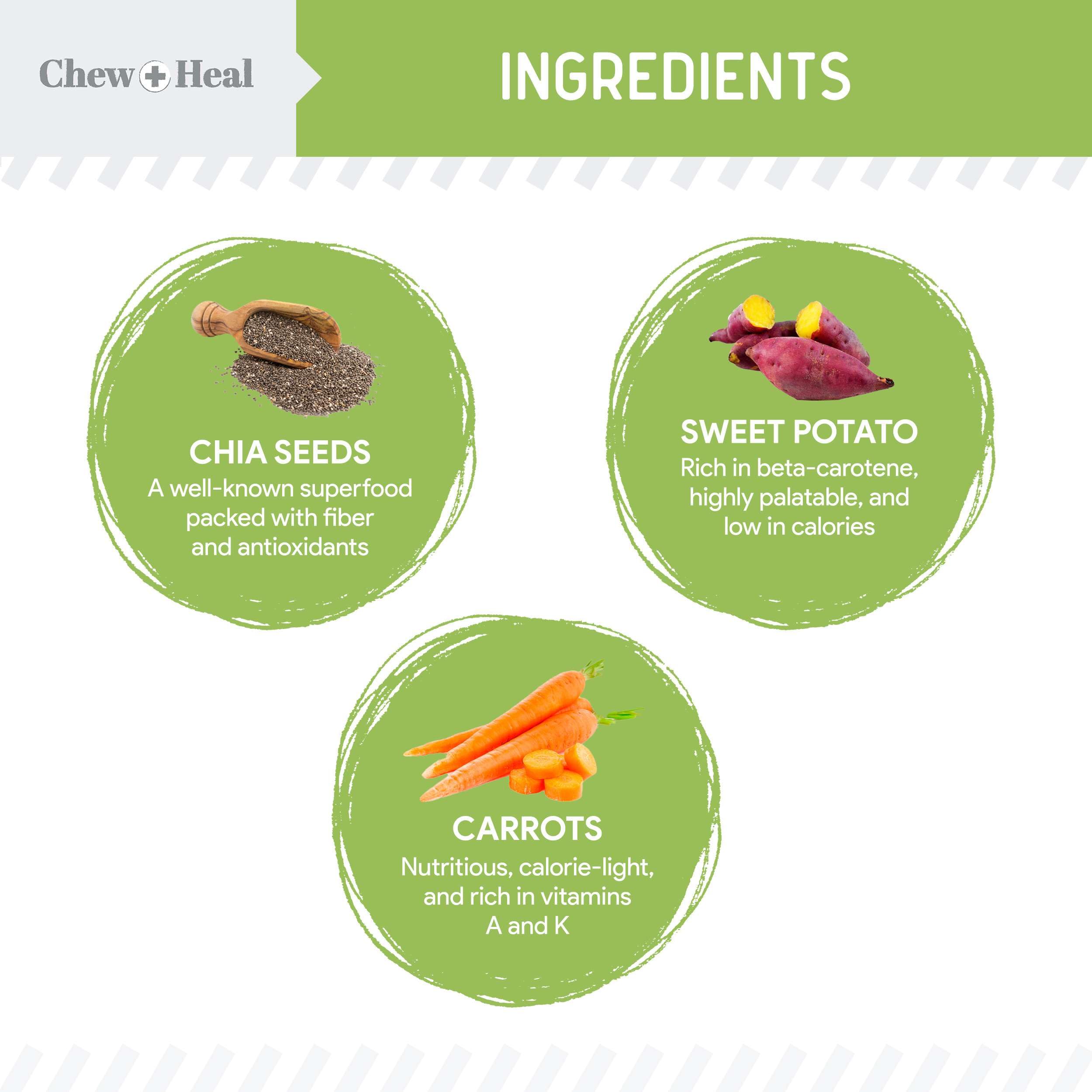 Chew + Heal Labs vegan dog treats with chia seeds highlighting skin and coat support