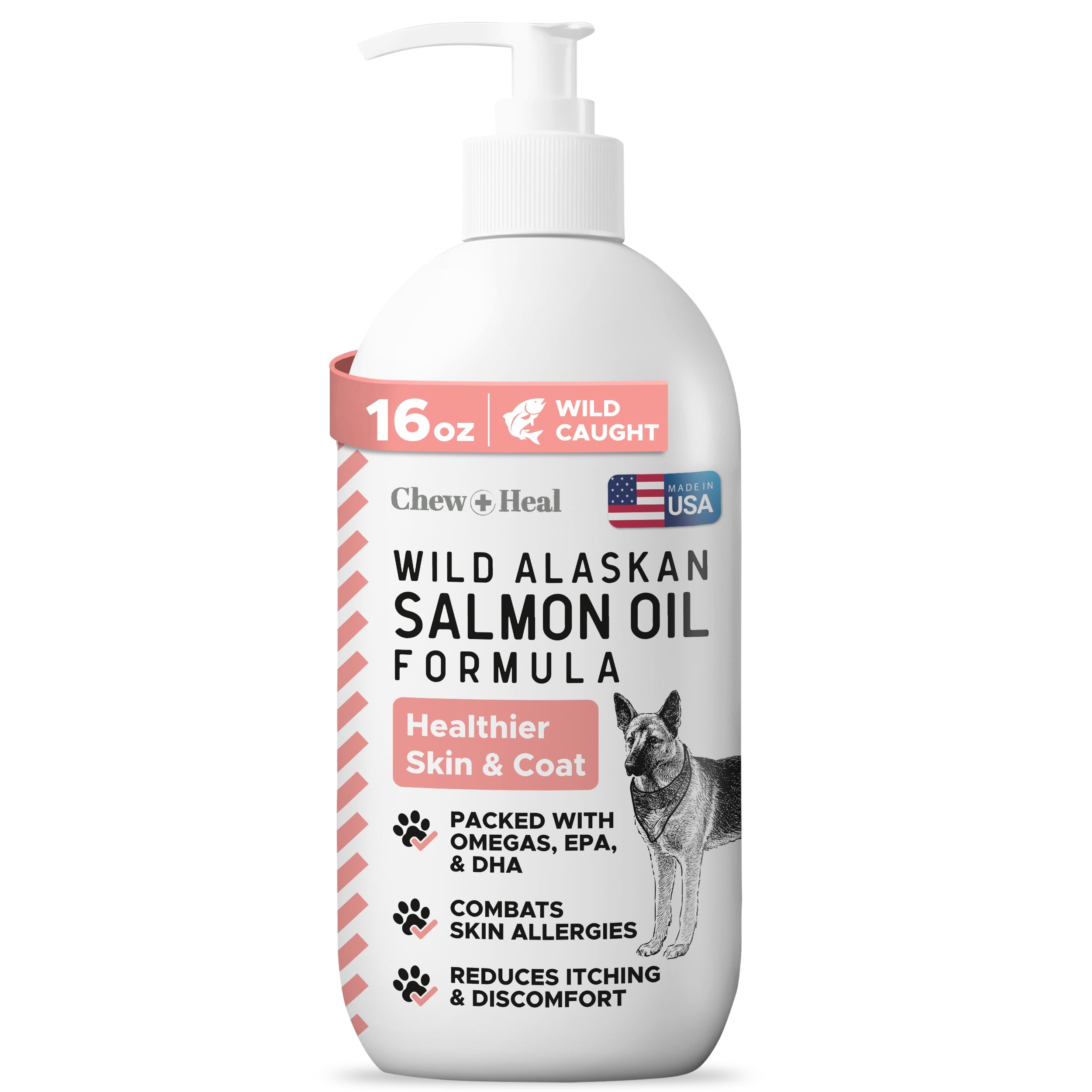 Chew + Heal Labs wild-alaskan-salmon-oil-bottle-pump enables simple, mess-free dosing for dogs.