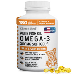 Chew + Heal Labs wild-caught omega-3 dog capsules for healthy skin.