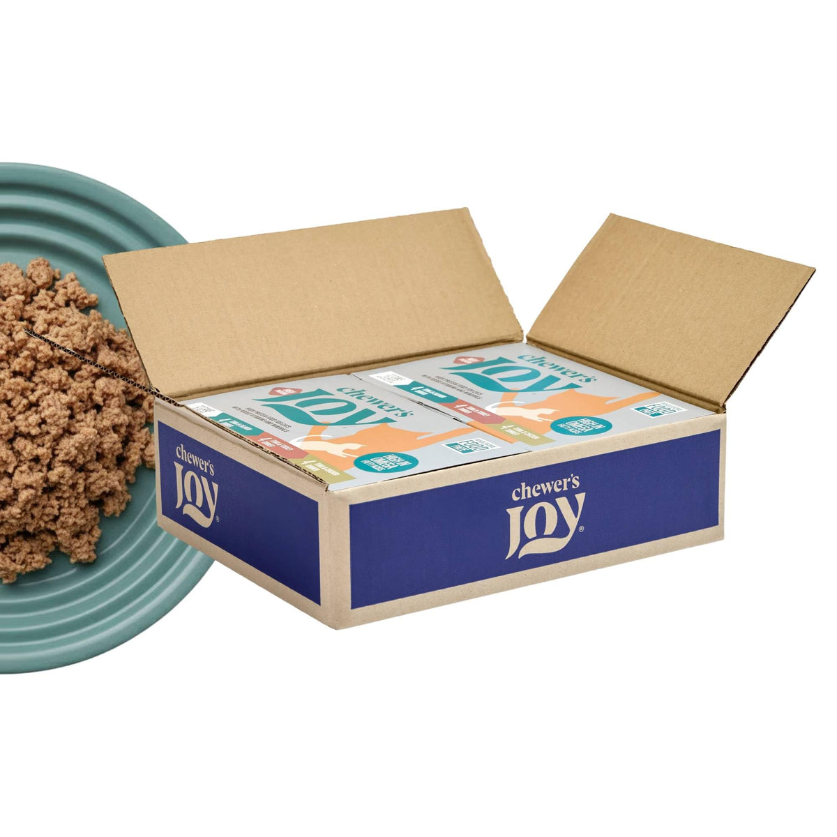 Chewer's Joy variety-pack front view showing three flavors for mealtime variety and convenience.