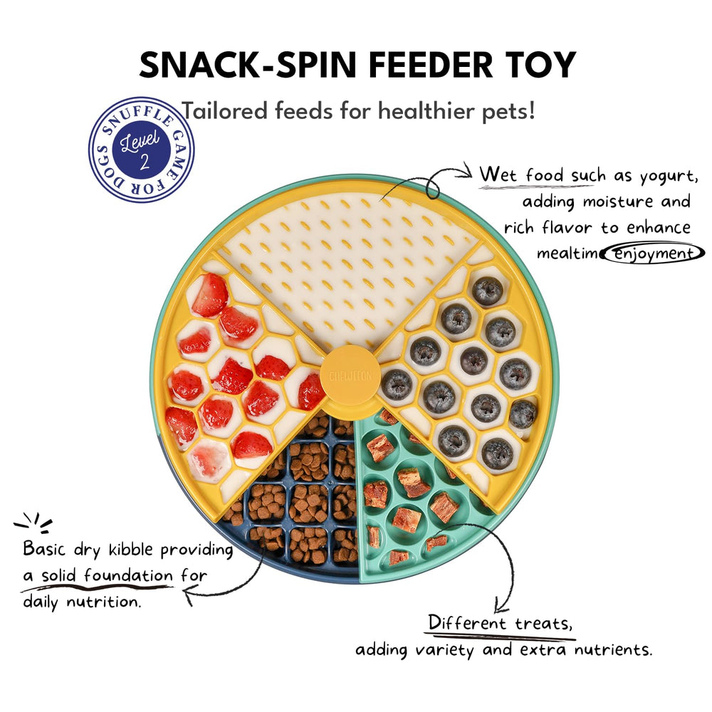 CHEWFFON puzzle toy layer-spins showing treat hiding to challenge dogs.