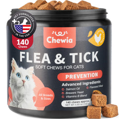 CHEWIA Cat Flea Chews bottle demonstrates daily flea prevention in a soft chicken-flavor treat.