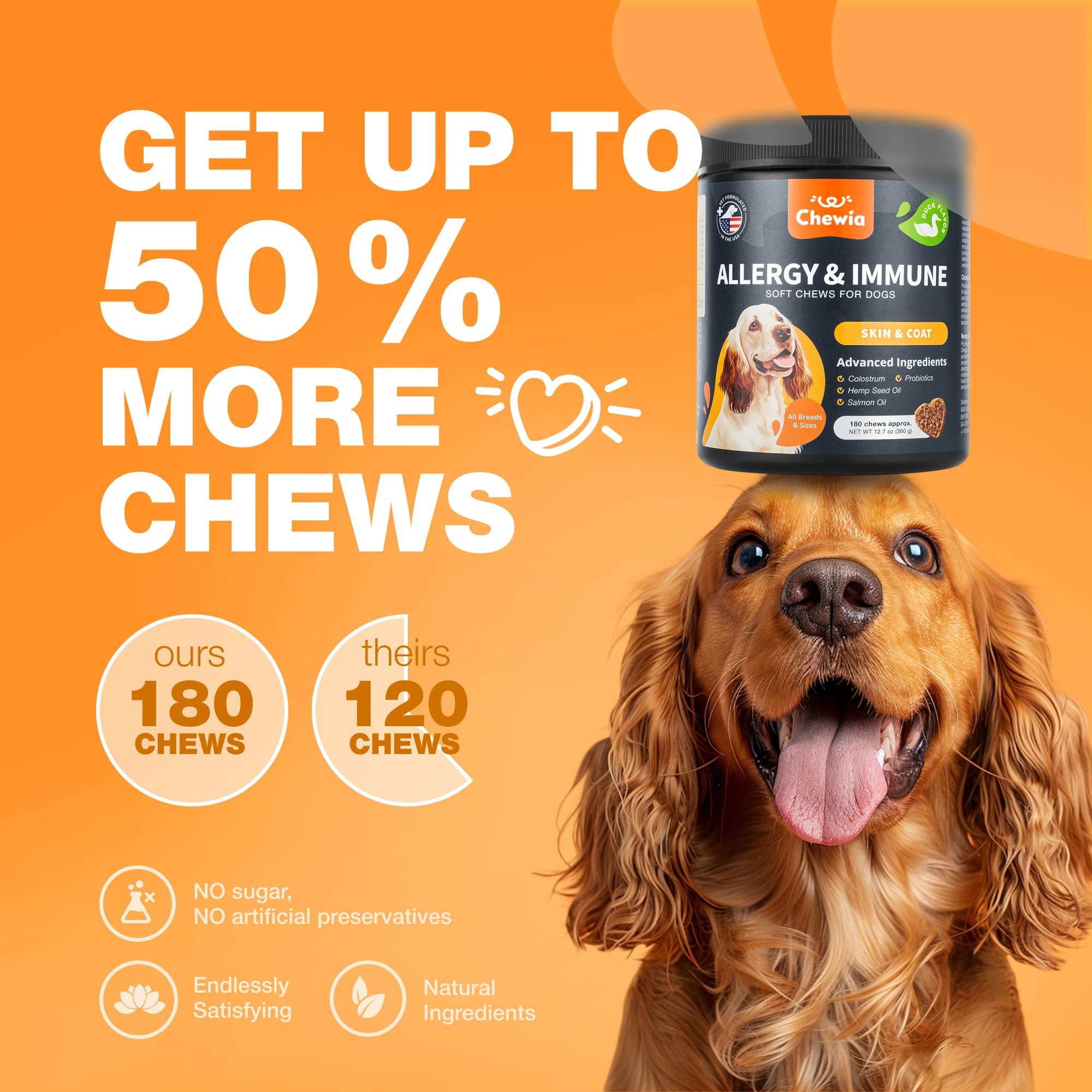 CHEWIA dog allergy chews quercetin ingredient close-up suggests immune support.