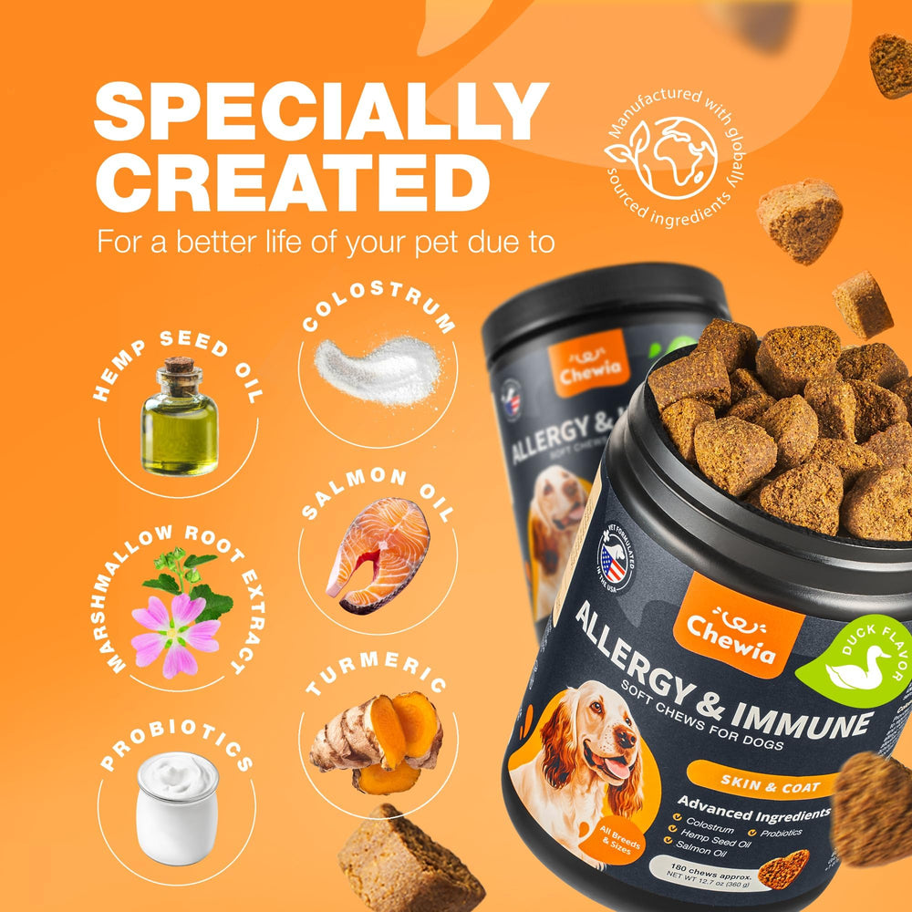 CHEWIA dog allergy chews turmeric ingredient close-up emphasizes anti-inflammatory potential.