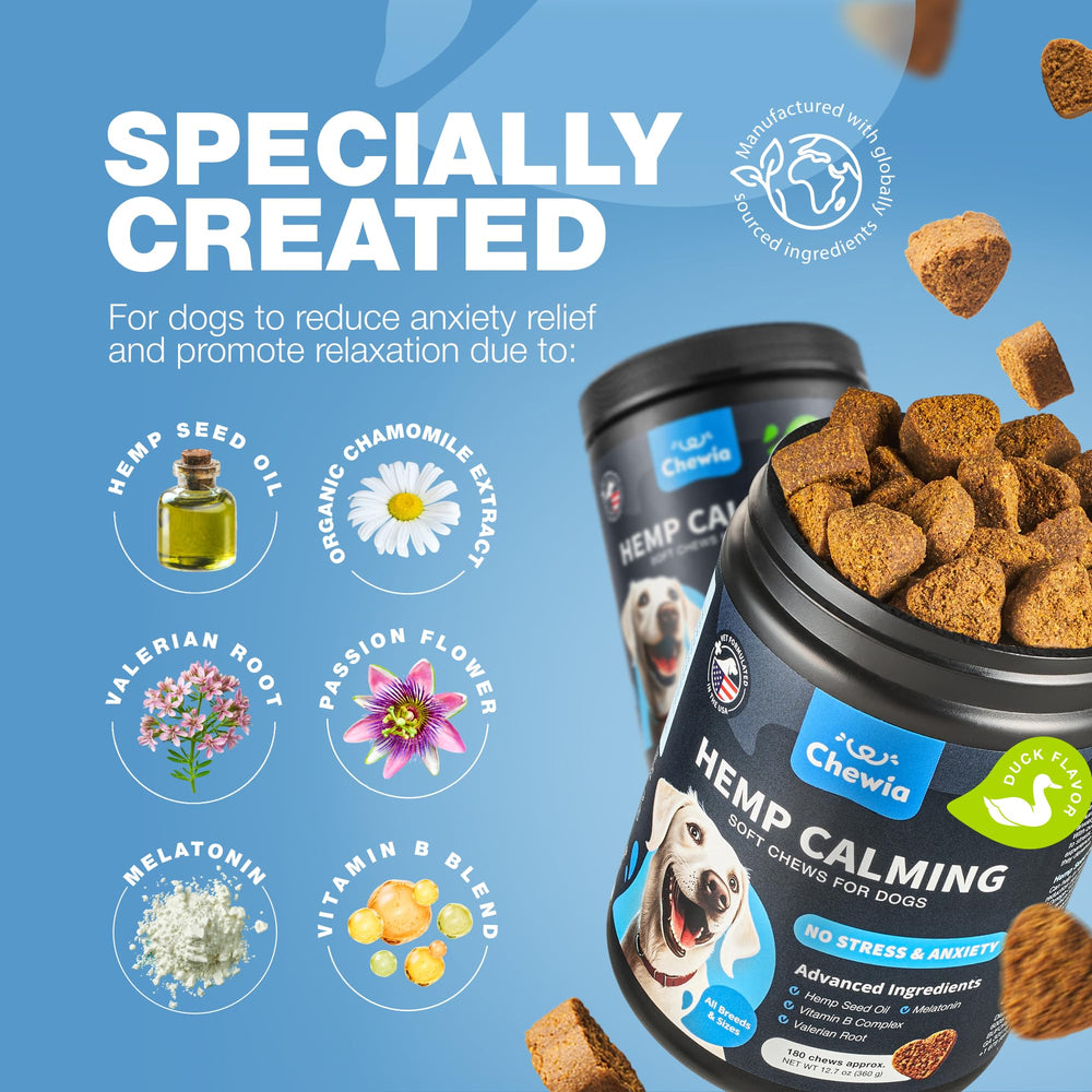 CHEWIA package shows outdoors with a relaxed dog to illustrate fireworks stress relief.