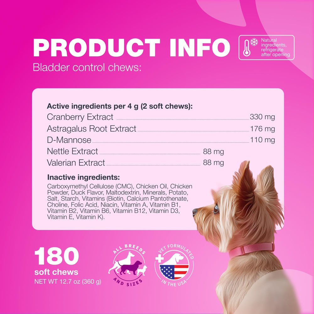 CHEWIA dog urinary health close-up shows chewables designed for all breeds.