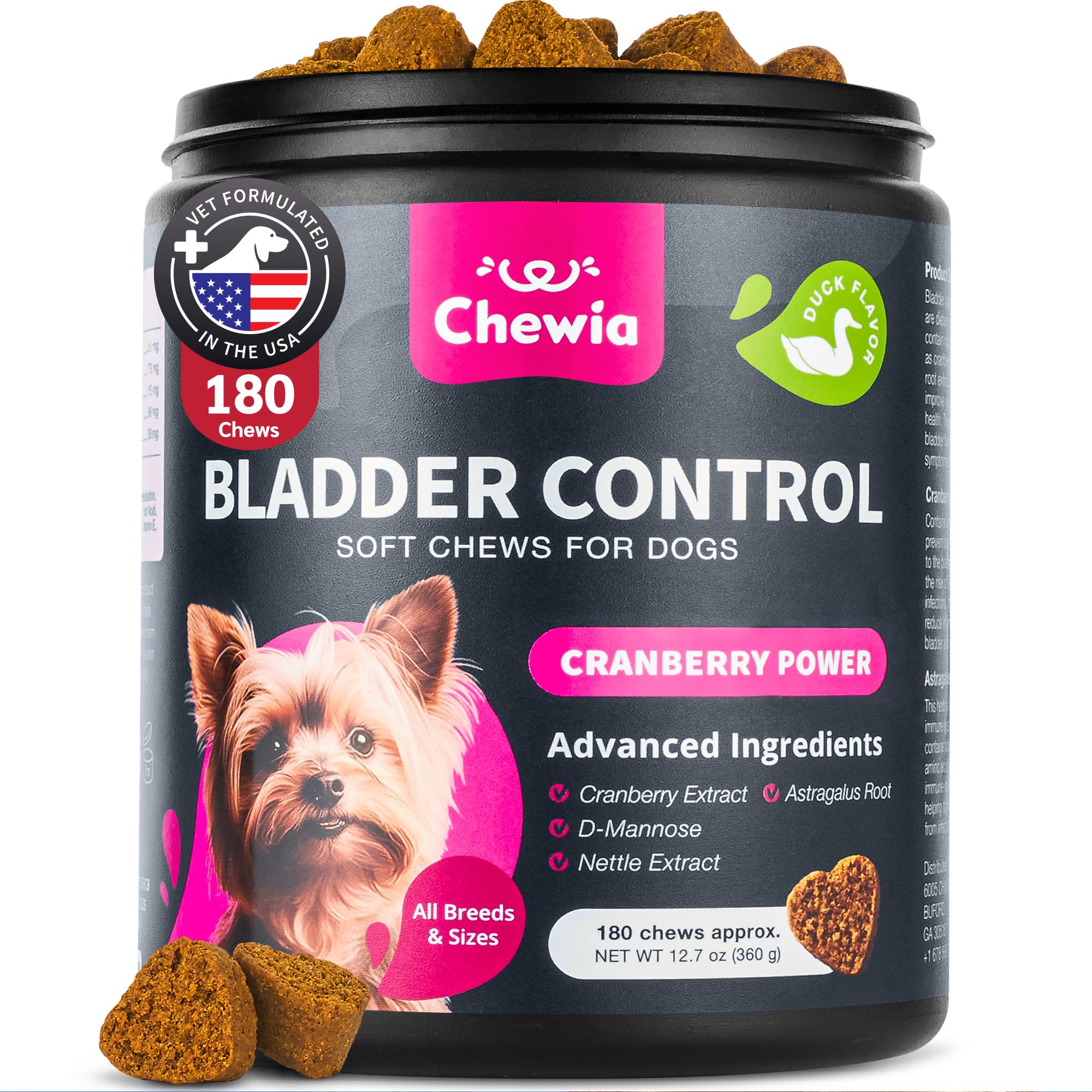 CHEWIA dog UTI treat packaging showcases vet-formulated cranberry blend for urinary health.