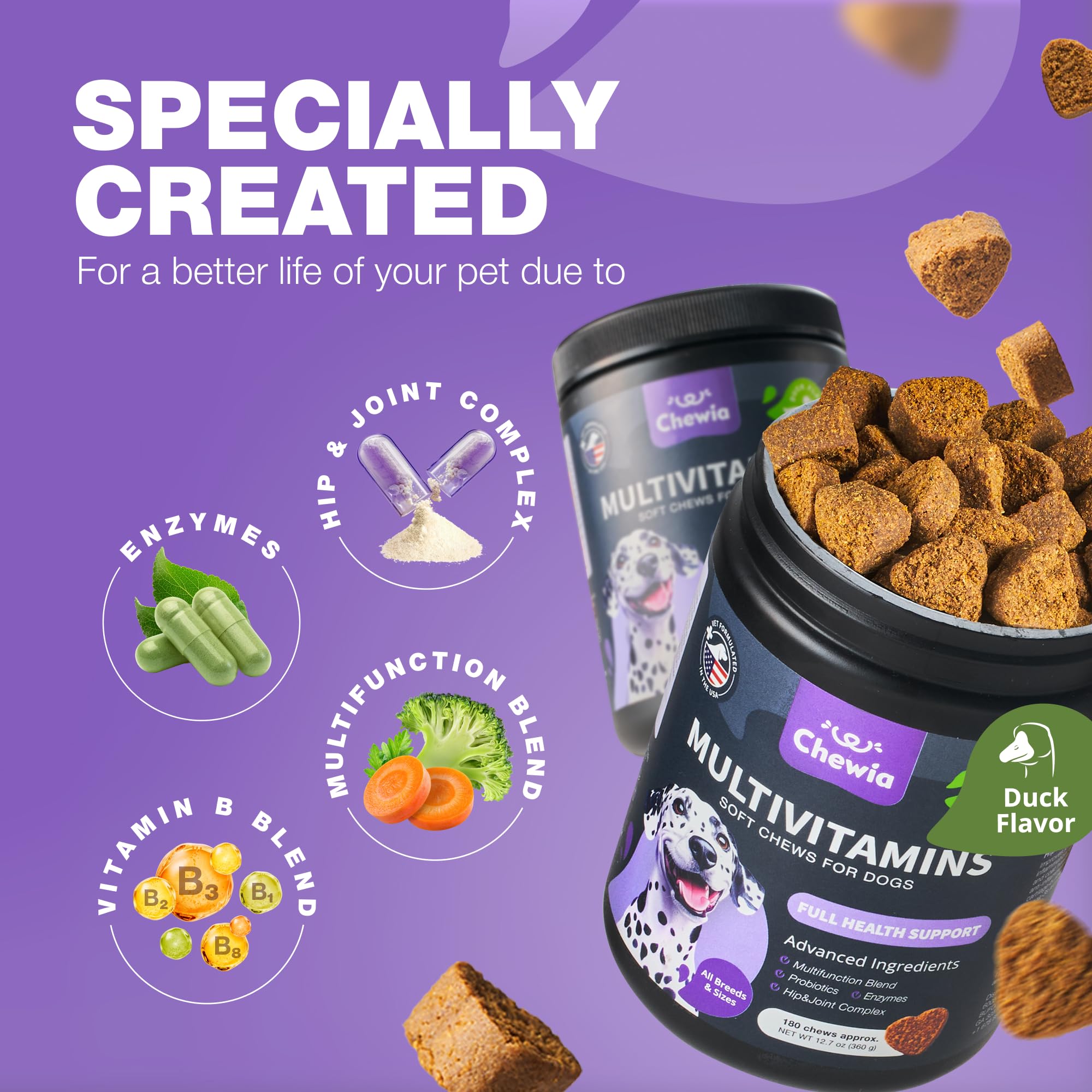 CHEWIA Dog Vitamins 15 in 1 skin-coat-glow emphasizes shinier coat and healthier skin