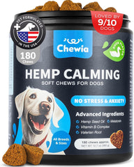 CHEWIA hemp calming chews bottle promotes dog anxiety relief during vet visits.