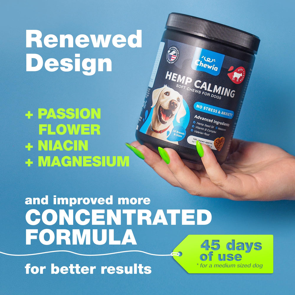 CHEWIA Hemp Calming Chews beef-flavor bite highlights tasty support for focus.
