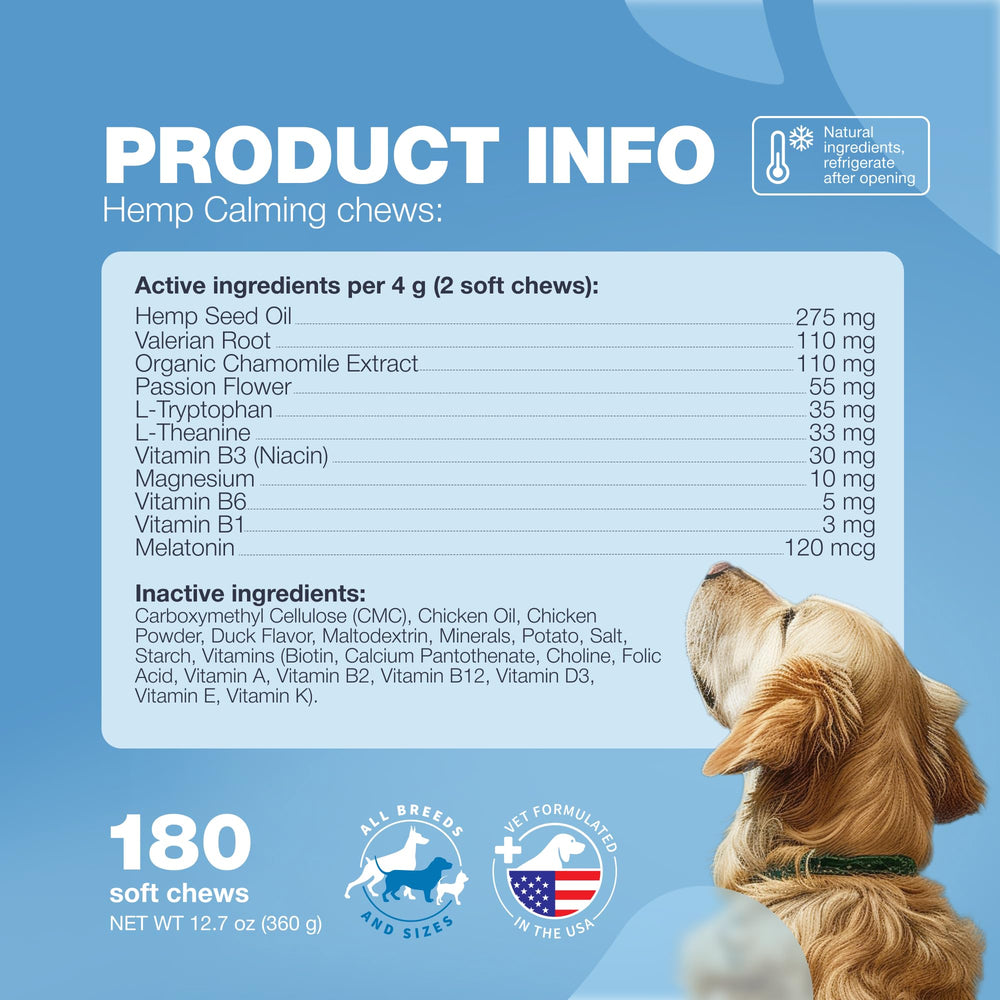 CHEWIA hemp calming chews labeling close-up highlights ingredients and vitamin B.