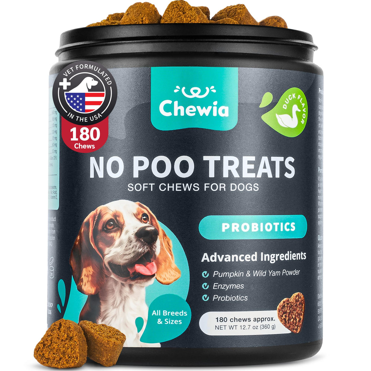 Chewia No Poo Chews dog bottle closeup promotes digestive comfort and pet gut health.