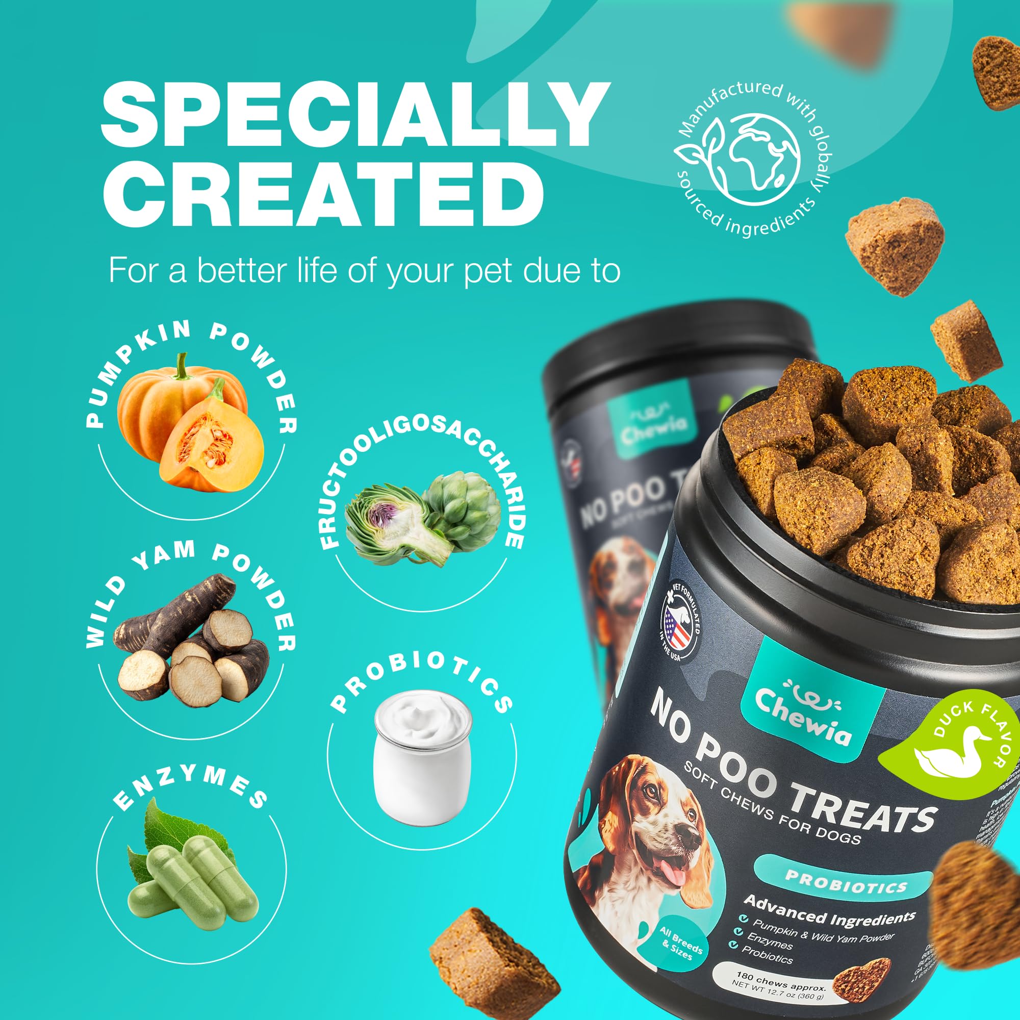 Chewia No Poo Chews pumpkin and yam ingredients for natural digestion support.