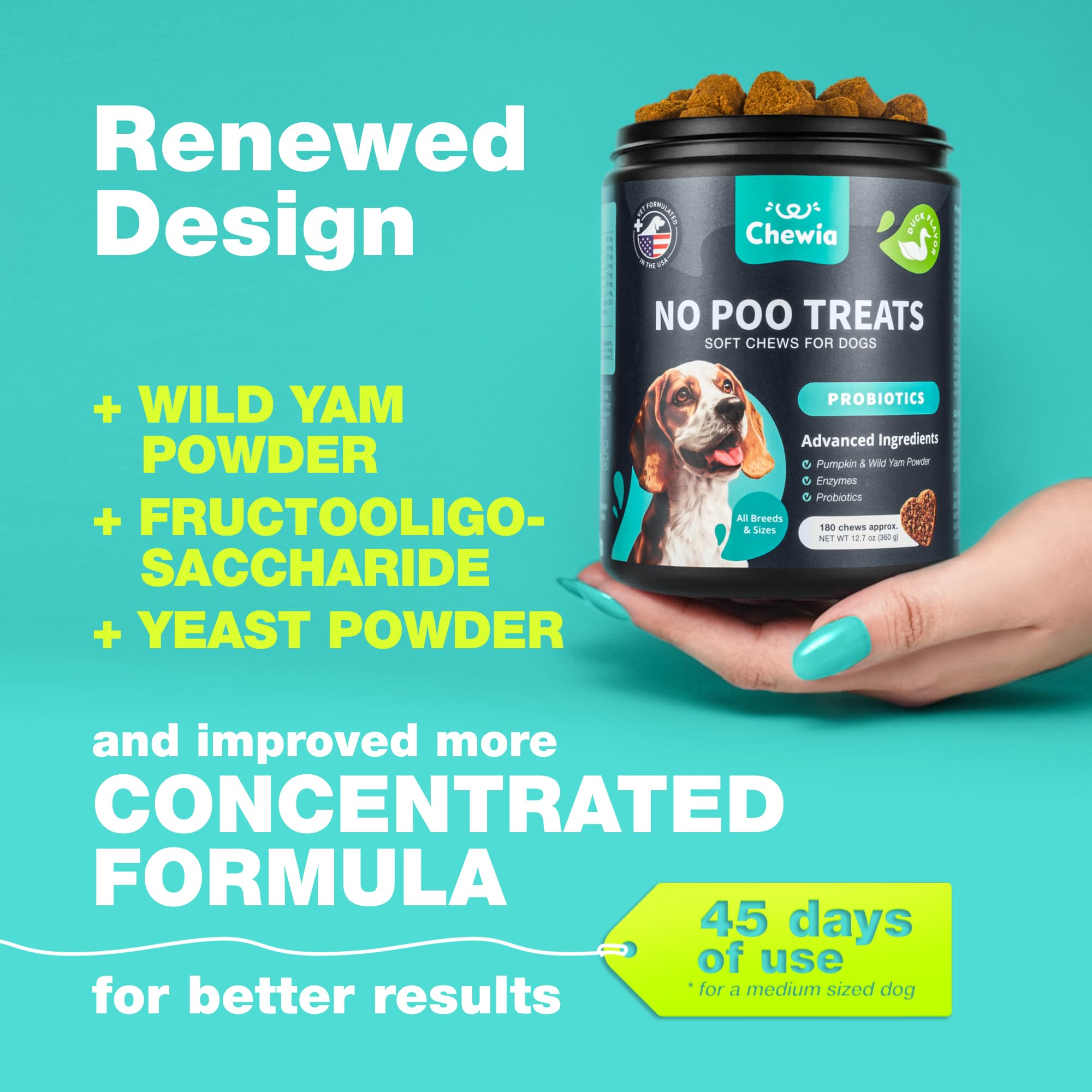Chewia No Poo Chews treat pack highlighting convenient daily stool-eating deterrent.